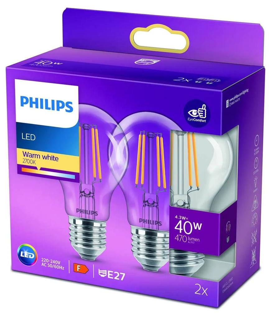 Philips LED žiarovka E27 4,3W 2700K filament 2 ks