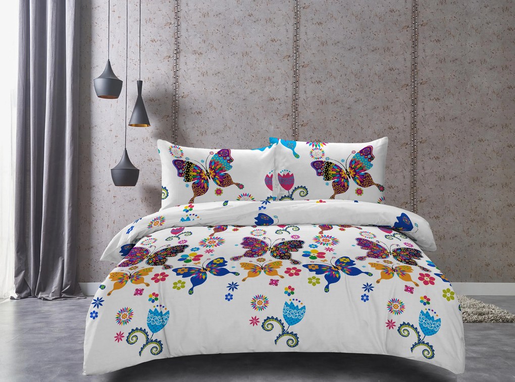 Obliečky z mikrovlákna FAREBNÝ MOTÝĽ biele Rozmer obliečky: 2 ks 70 x 90 cm | 200 x 220 cm