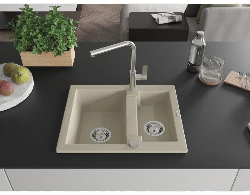 Mexen Carlos, 1,5-komorový granitový drez 582x475x177 mm a drezová batéria Flora, béžová, 6518-69-670401-00