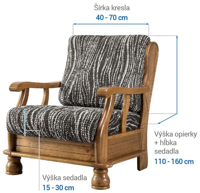 Bielastické poťahy UNIVERSO NOVÉ žíhané čiernobiele kreslo s drevenými rúčkami (š. 40 - 70 cm)
