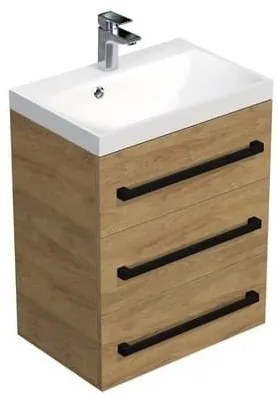 Kúpeľňová skrinka s čiernou úchytkou a umývadlom SAT Cube Way 60x76,5x40 cm dub Hickory mat CUBE2C603DH, 1 ks