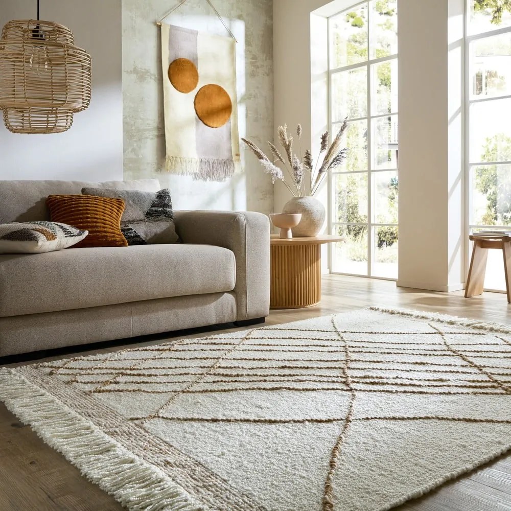 Krémový ručne tkaný koberec s prímesou vlny 160x230 cm Astera Linear – Flair Rugs
