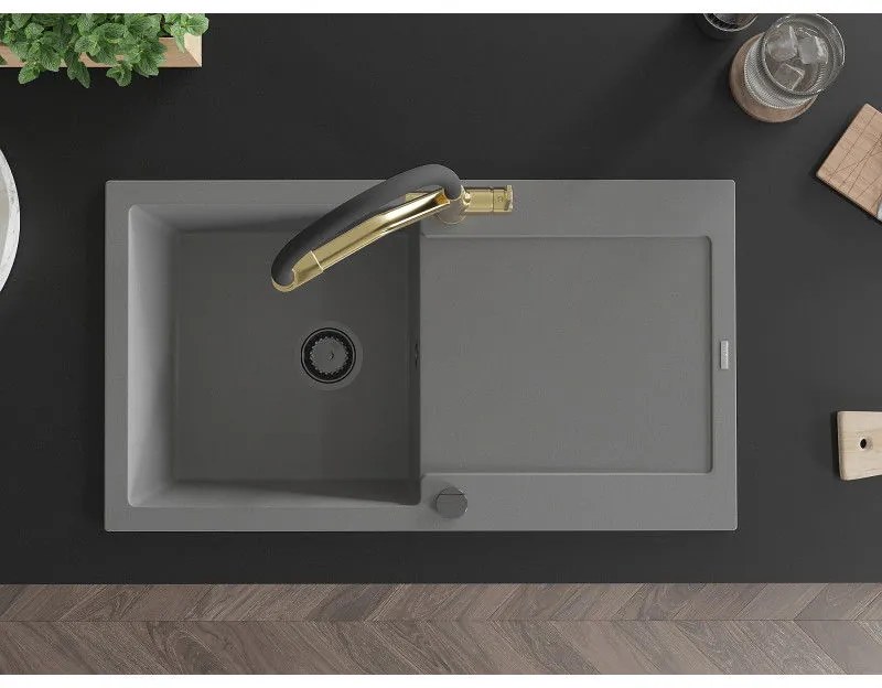 Mexen Leo, 1-komorový granitový drez 900x500x190 mm a drezová batéria Duo, šedá, 6501-71-671701-57-B