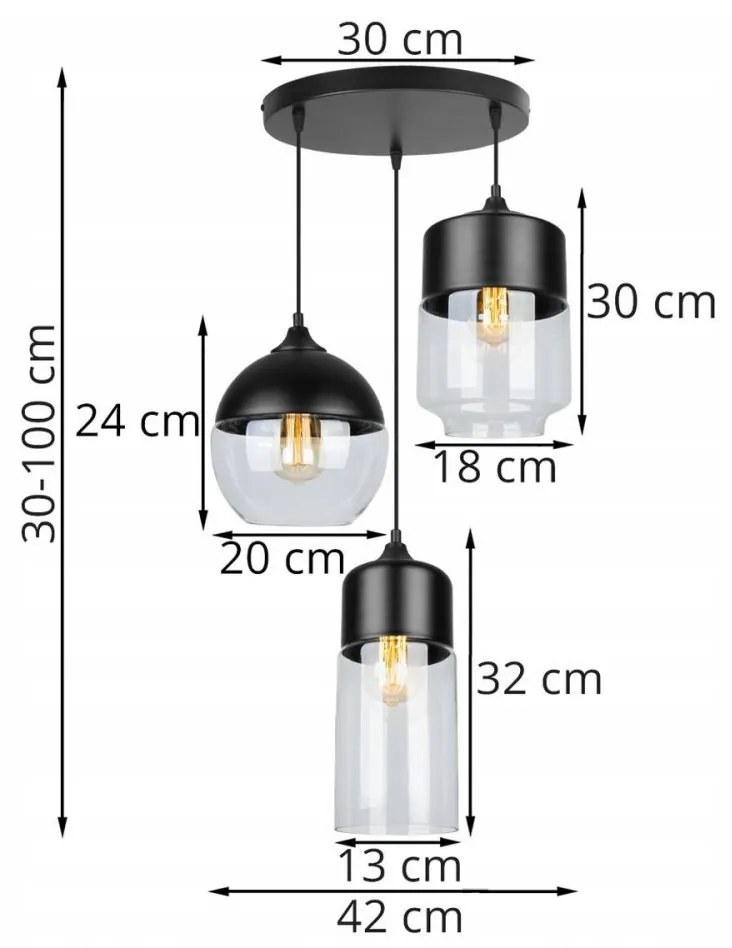 Závesné svietidlo Oslo 4, 3x čierne/transparentné sklenené tienidlo, o