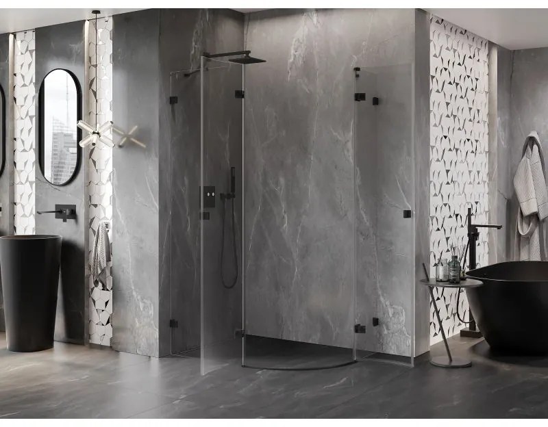 Mexen Lunar, polkruhový sprchový kút naklápací doľava 100 x 70 cm, 8mm číre sklo, čierny profil, 833-100L-070P-70-00