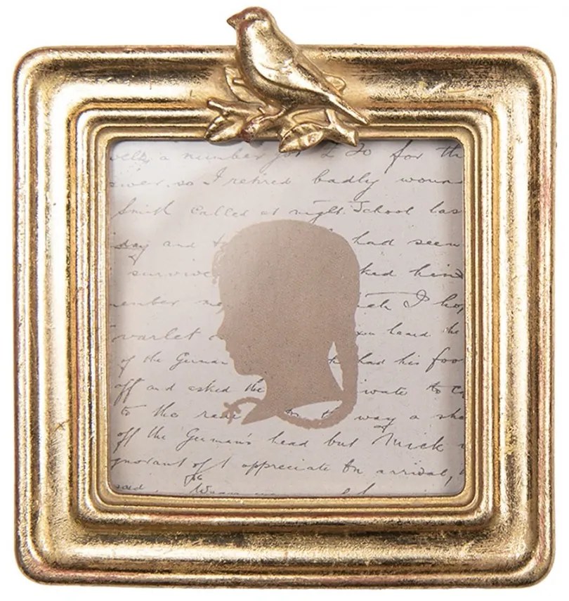 Zlatý malý štvorcový fotorámik s vtáčikom - 10*2*11cm / 8*8 cm