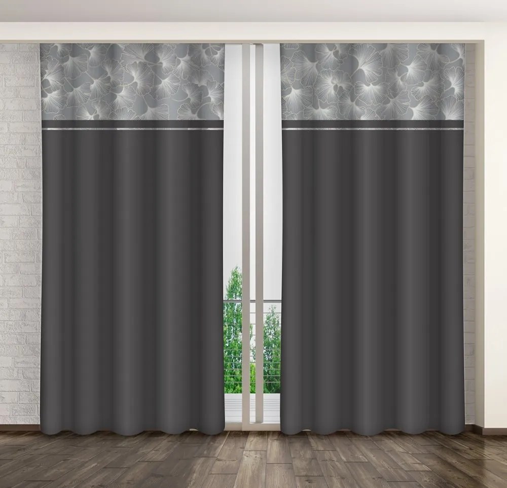 Dlhé čierno-šedé závesy so vzorom listov v elegantnom štýle Dĺžka: 270 cm
