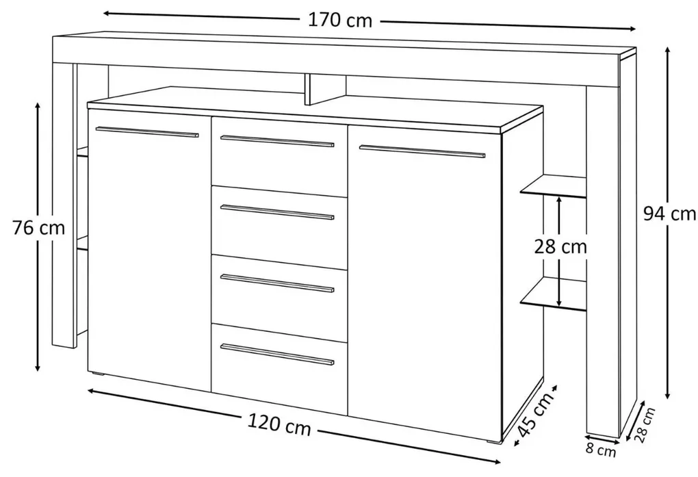 KOMODA ELIS LED ČIERNO BIELA ČIERNE ŠUPLÍKY VYSOKÝ LESK 170 cm