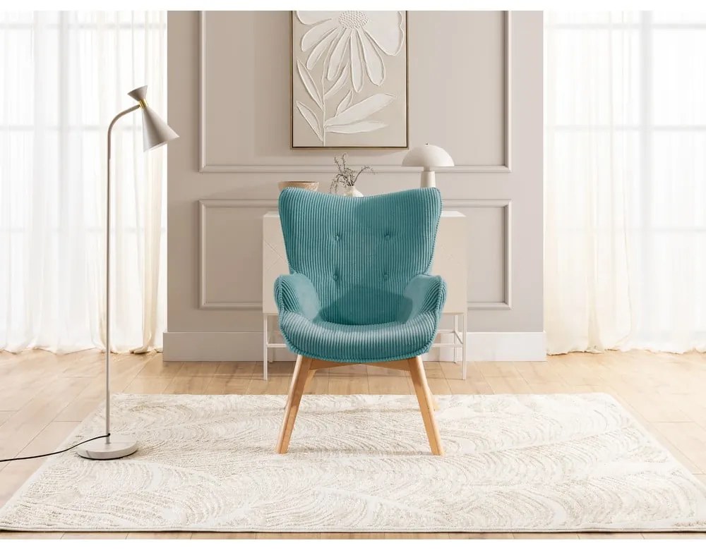 Tyrkysové menčestrové kreslo s podnožkou Niko – Ropez