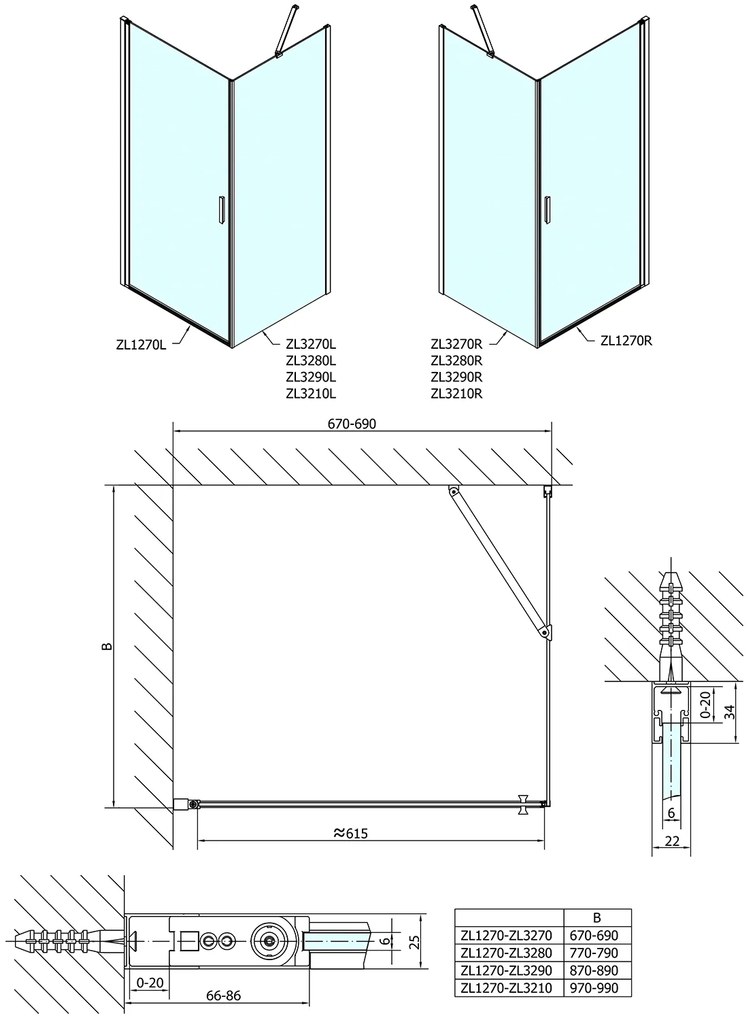 Polysan Polysan, ZOOM štvorcová sprchová zástena 700x700mm L/P varianta, ZL1270ZL3270