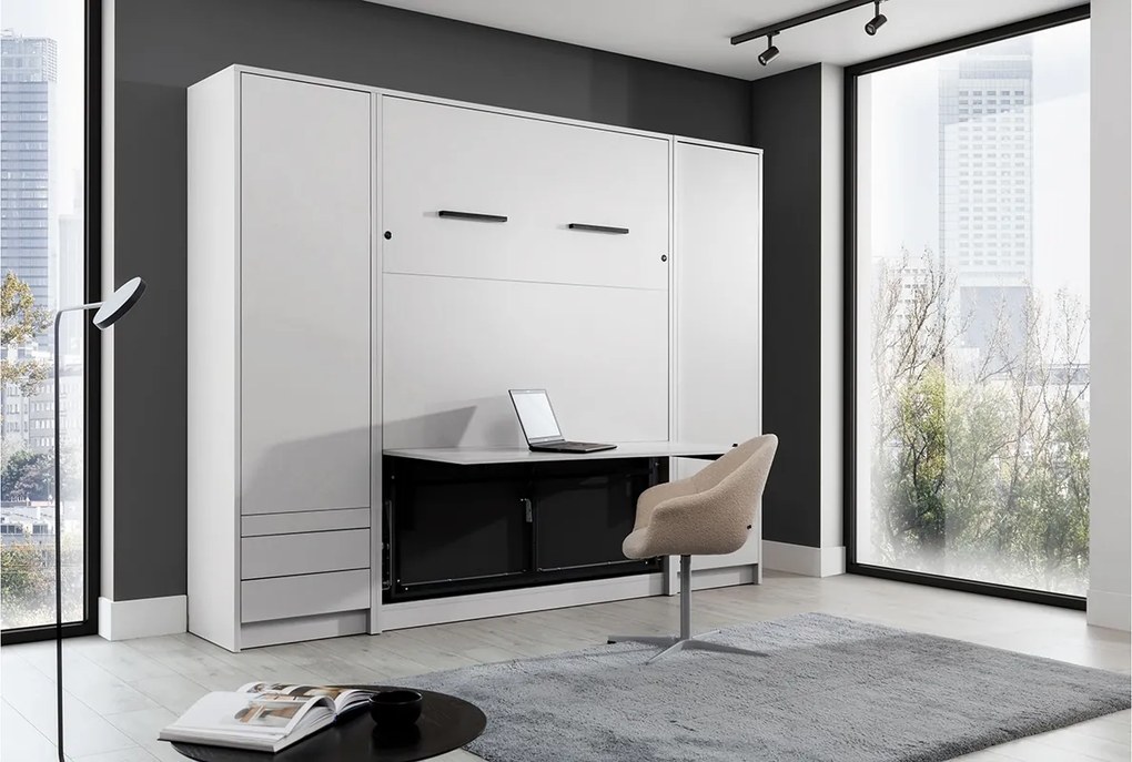 Vertikálna sklápacia posteľ Genius 140x200 s písacím stolom - biely mat