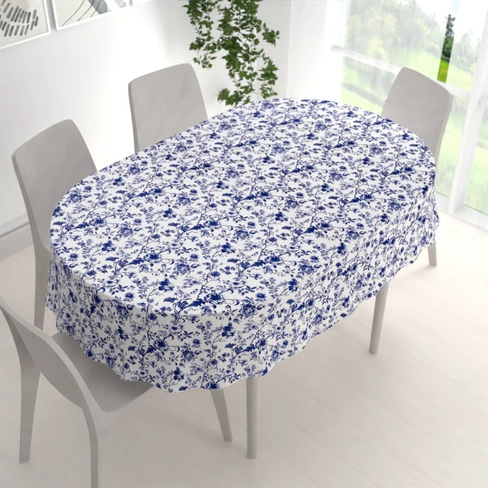 Biante Bavlnený oválny obrus Sandra SA-639 Modré kvety na bielom 60x100 cm