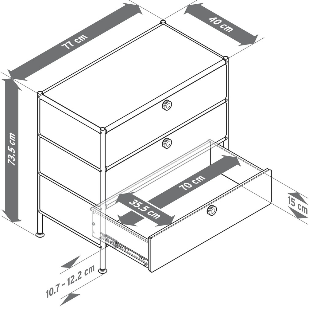 Kovová komoda »CN3« s 3 zásuvkami, sivá