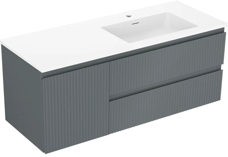 Mexen Rivel, kúpeľňová skrinka 120 cm s pravým umývadlom Otis, 2S, 1D, drážkovaná, grafitová/biela matná, 91A23-12047-3-BBFFF66-W18P01