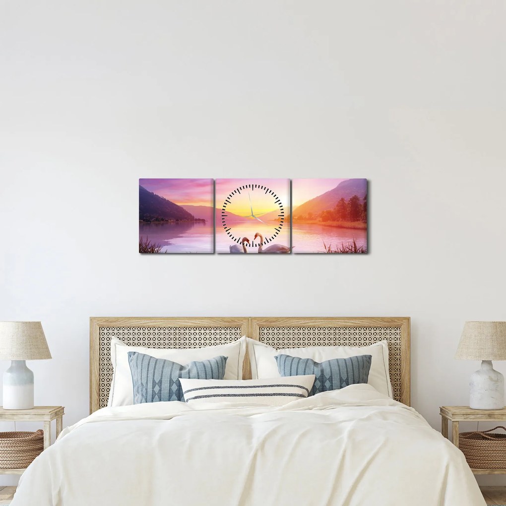 Obraz zamilovaných labutí (s hodinami) (90x30 cm)