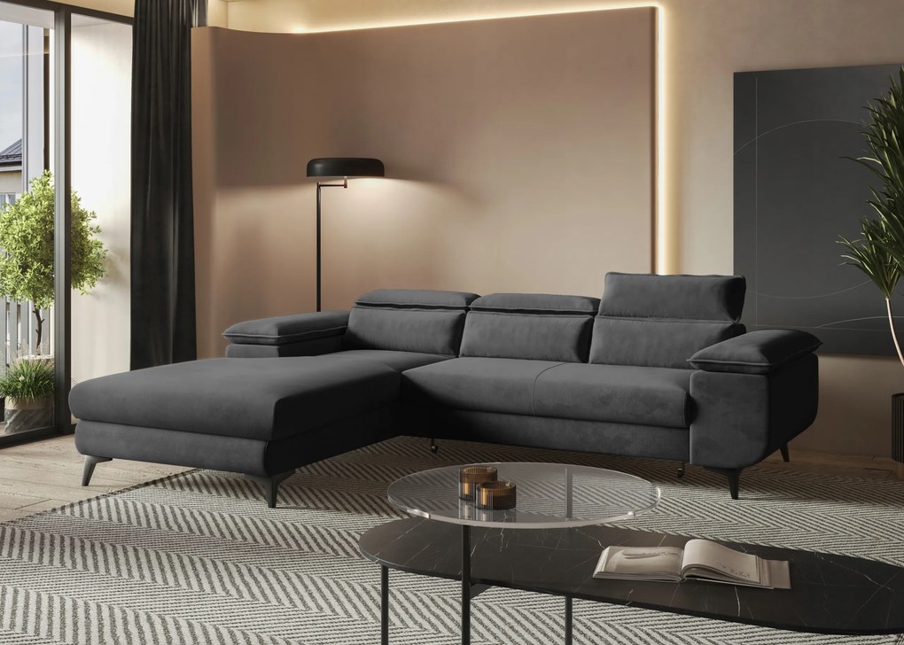 Pohodlná rohová sedačka s funkciou spania Flat na pružinách z tmavošedého velúru