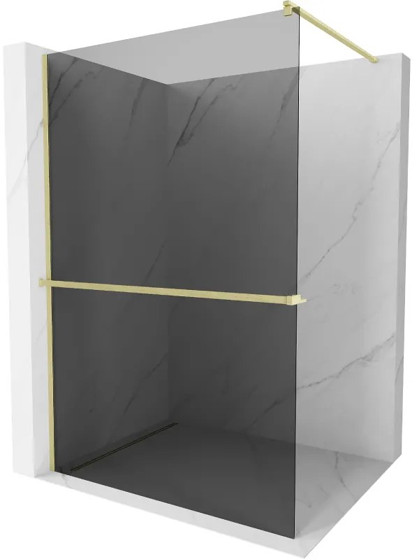 Mexen Kioto+, sprchová zástena Walk-In s poličkou a vešiakom 90 x 200 cm, 8mm šedé sklo, zlatý matný profil, 800-090-121-55-40