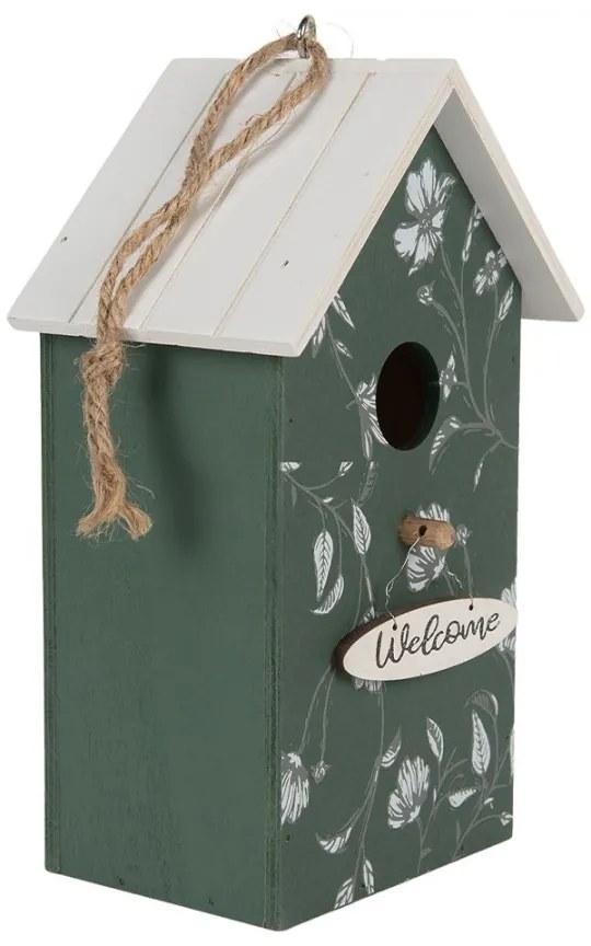 Bielo-zelená drevená vtáčia búdka s kvetmi Birdhouse - 15*10*22 cm
