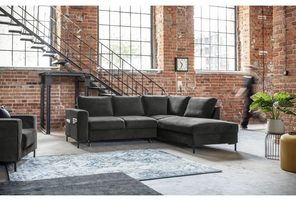 Tmavosivá zamatová rozkladacia rohová pohovka (pravý roh) Lofty Lilly – Miuform