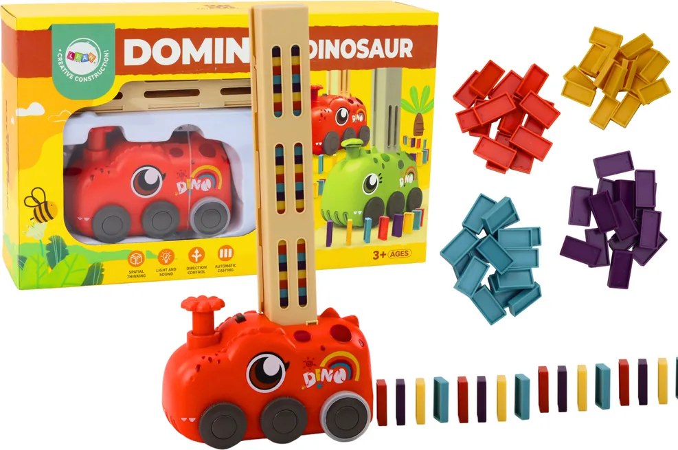 LEAN Toys Autíčko dinosaurus na batérie, ukladá farebné domino, 4 farby