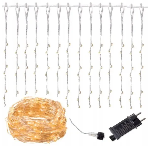 SPRINGOS LED svetelný záves Nano kvaple - 3x2m, 400LED, 8 funkcií, teplá biela