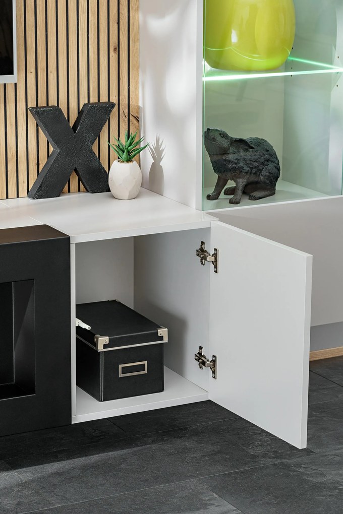 Obývacia stena Xavus L-K (perla grey + dub artisan)(s osvetlením) (s bio krbom). Vlastná spoľahlivá doprava až k Vám domov. 1118833