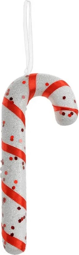 Biela trblietavá vianočná ozdoba cukrová palička so stuhou - 7*2*17 cm