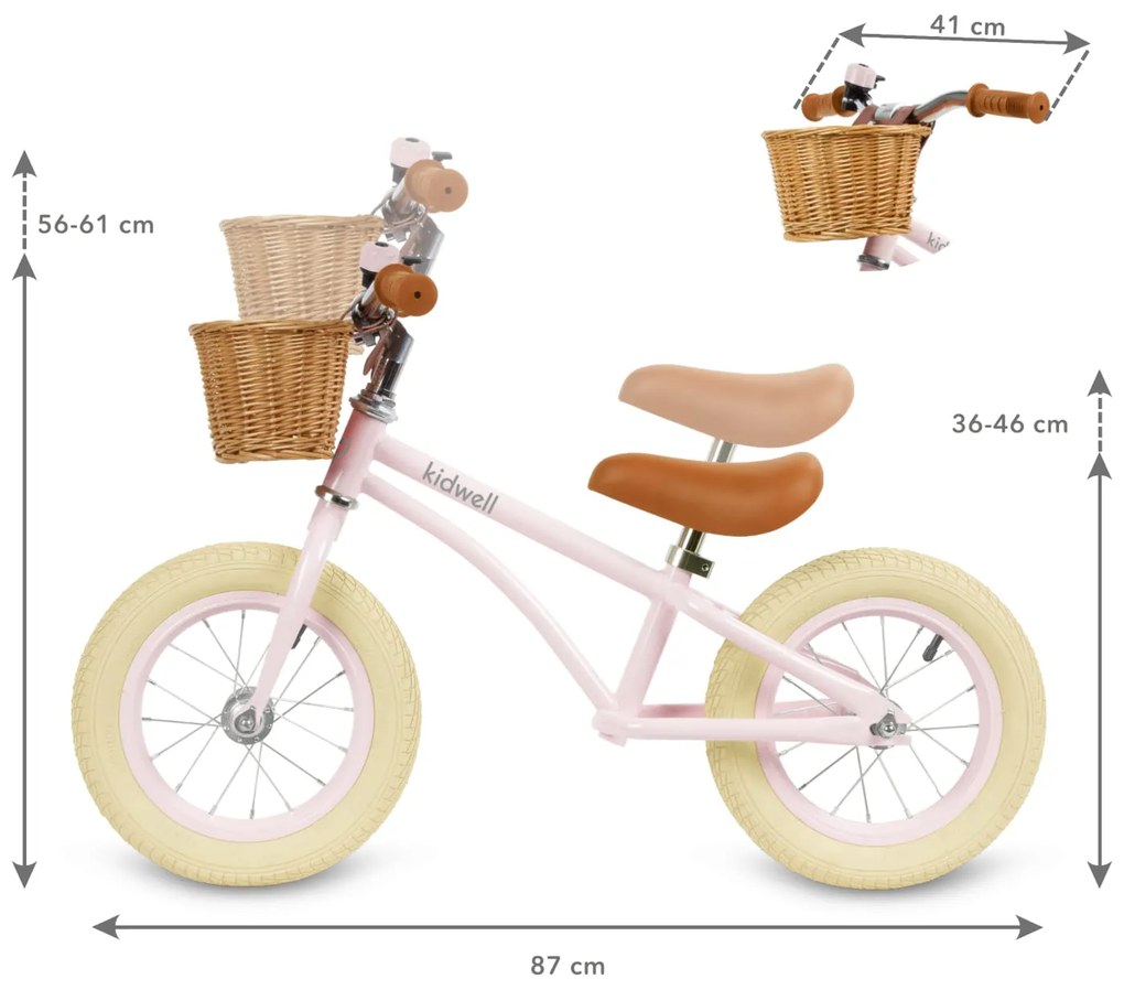 Balančný bicykel Kidwell Classy 12" s košíkom a zvončekom pre deti od 18 mesiacov