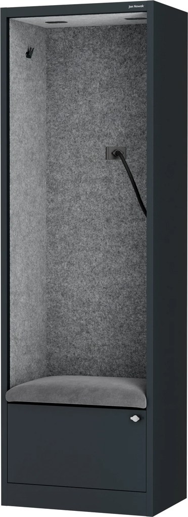 Kancelárska akustická kabína so sedadlom a portom USB-C, telo v antracitovej farbe / sedadlo v sivá farbe, 600 mm: SALLY MentalBox