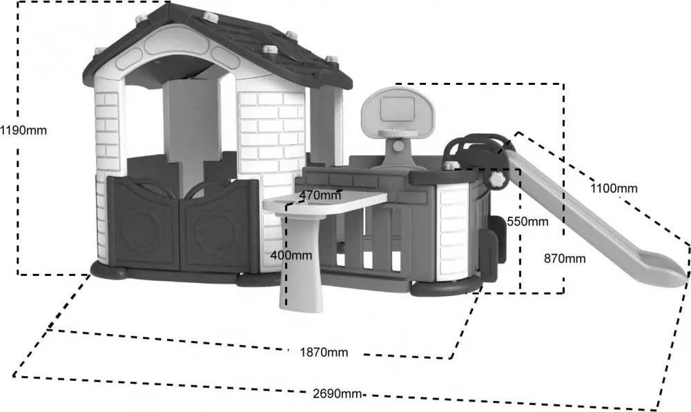 Ramiz Veľký záhradný domček 5v1 pre deti + šmýkačka + basketbalový kôš + záhrada + stôl + 2 stoličky Zelená strecha