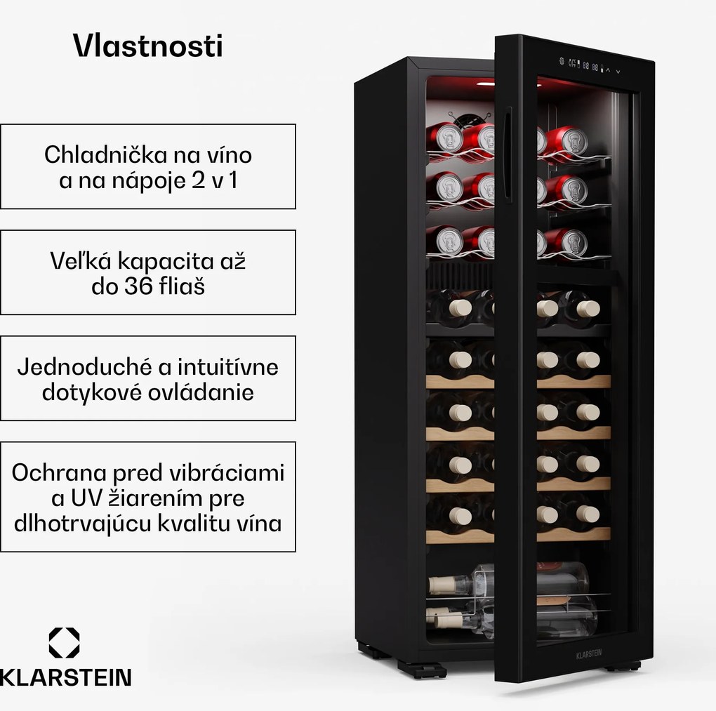 Klarstein Bovella 36 Duo+ chladnička na víno, 2 v 1, 36 fliaš, 2 zóny, 7 políc, Dotykové ovládanie
