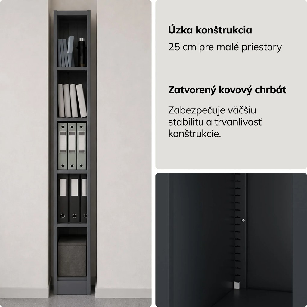Úzky kovový archivačný regál na dokumenty antracitový, 250x1950x600 mm: TIM