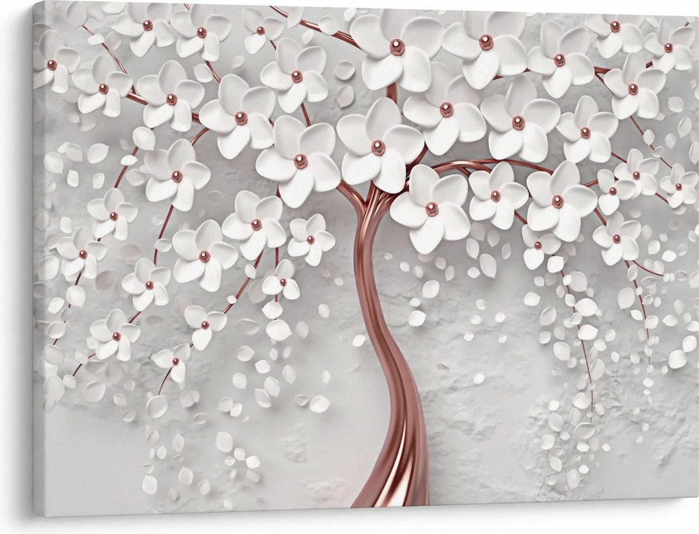 Obraz - Obraz bieleho stromu s kvetinami, rosegold (70x50 cm)