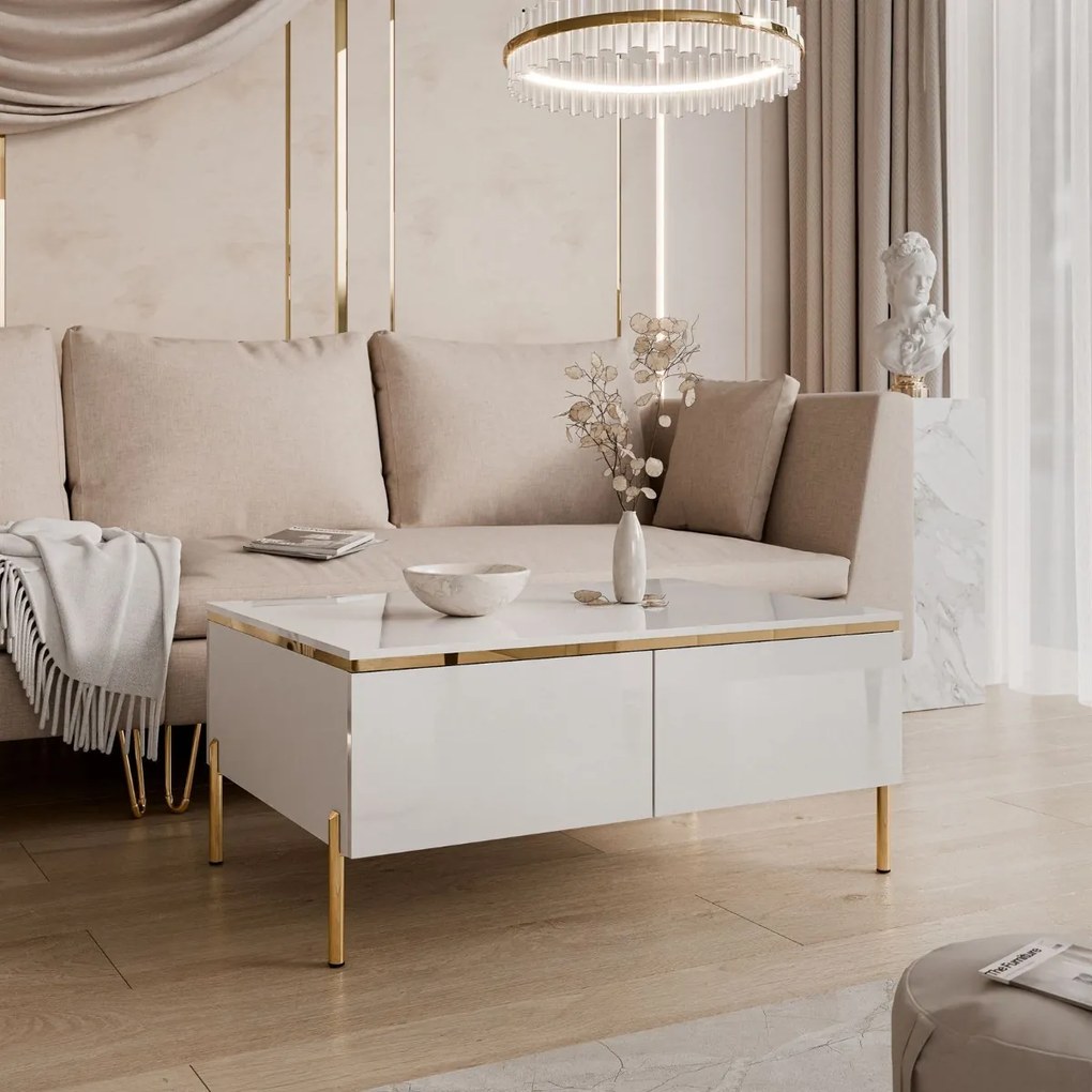 KONFERENČNÝ STOLÍK NESSIE 2 BIELY LESK + ZLATÝ 90 cm
