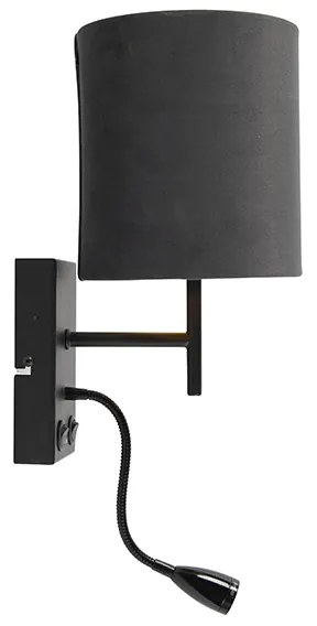 Art Deco nástenná lampa čierna s tmavosivým zamatovým tienidlom - Stacca