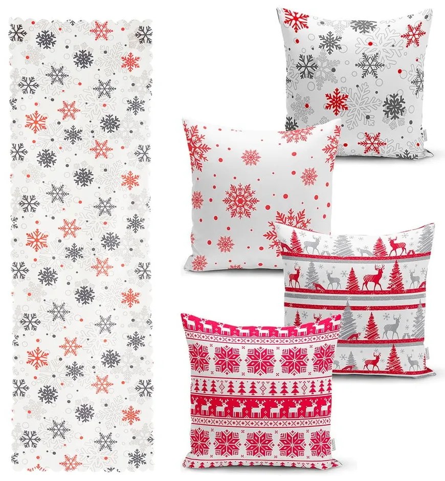 Súprava 4 vianočných obliečok na vankúš a behúň na stôl Minimalist Cushion Covers Red Christmas