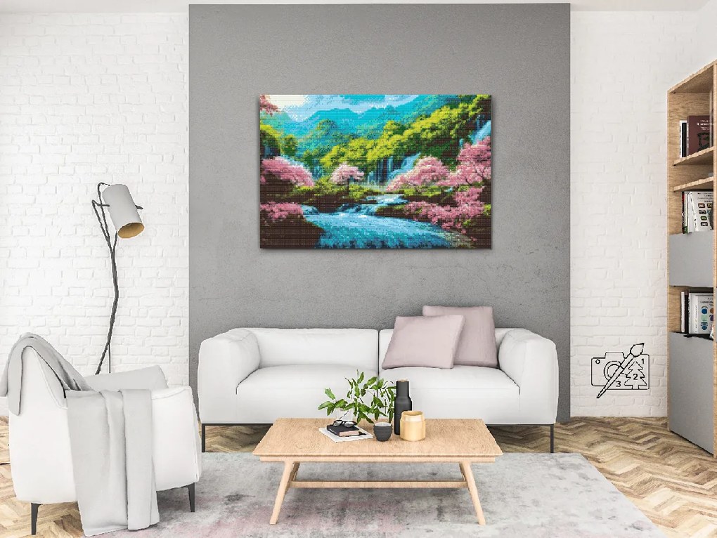 Gario Diamantové maľovanie Rozkvitnuté stromy pri vodopáde Rozmery: 120 x 80 cm, Rámovanie: Iba zrolované plátno, Diamanty: Okrúhle