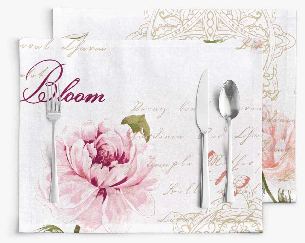 Goldea prestieranie na stôl 100% bavlnené plátno - pivonky s textami - sada 2ks 30 x 40 cm