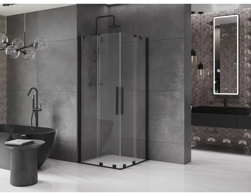 Mexen Velar Duo, sprchový kút s posuvnými dverami 90(dvere) x 90(dvere) cm, 8mm číre sklo, čierny matný profil, 871-090-090-02-70