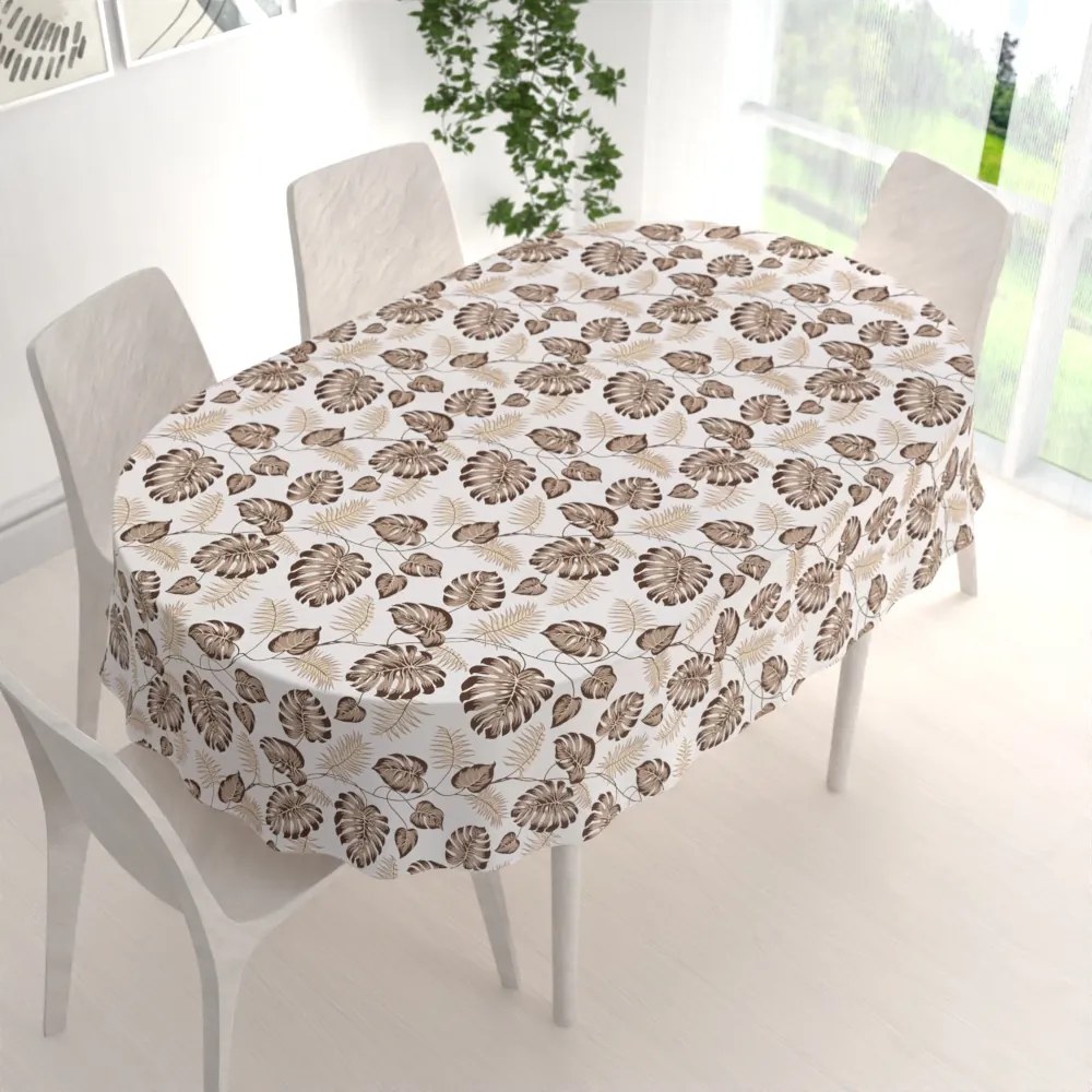 Biante Bavlnený oválny obrus Sandra SA-498 Hnedé listy monstery na bielom 60x100 cm