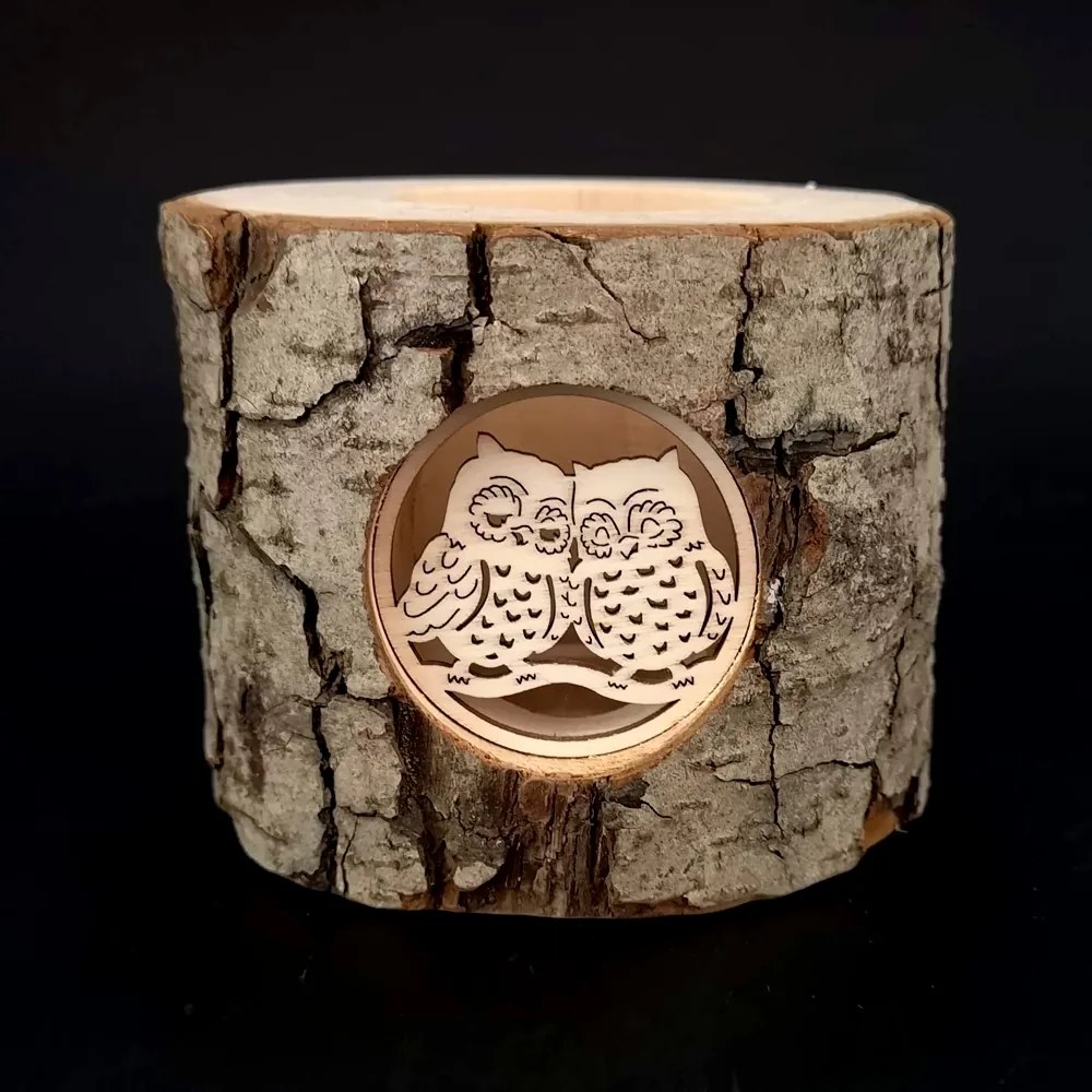 AMADEA Drevený svietnik z kôrového kmeňa s vkladom - sovy, masívne drevo, výška 12 cm
