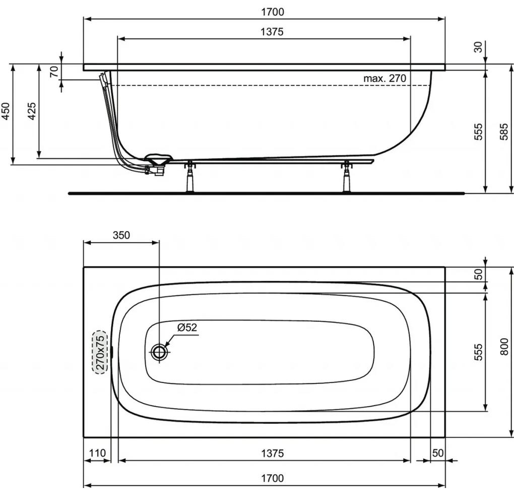 Ideal Standard i.life - Obdĺžniková vaňa 1700x800 mm, s prepadom, biela T476101