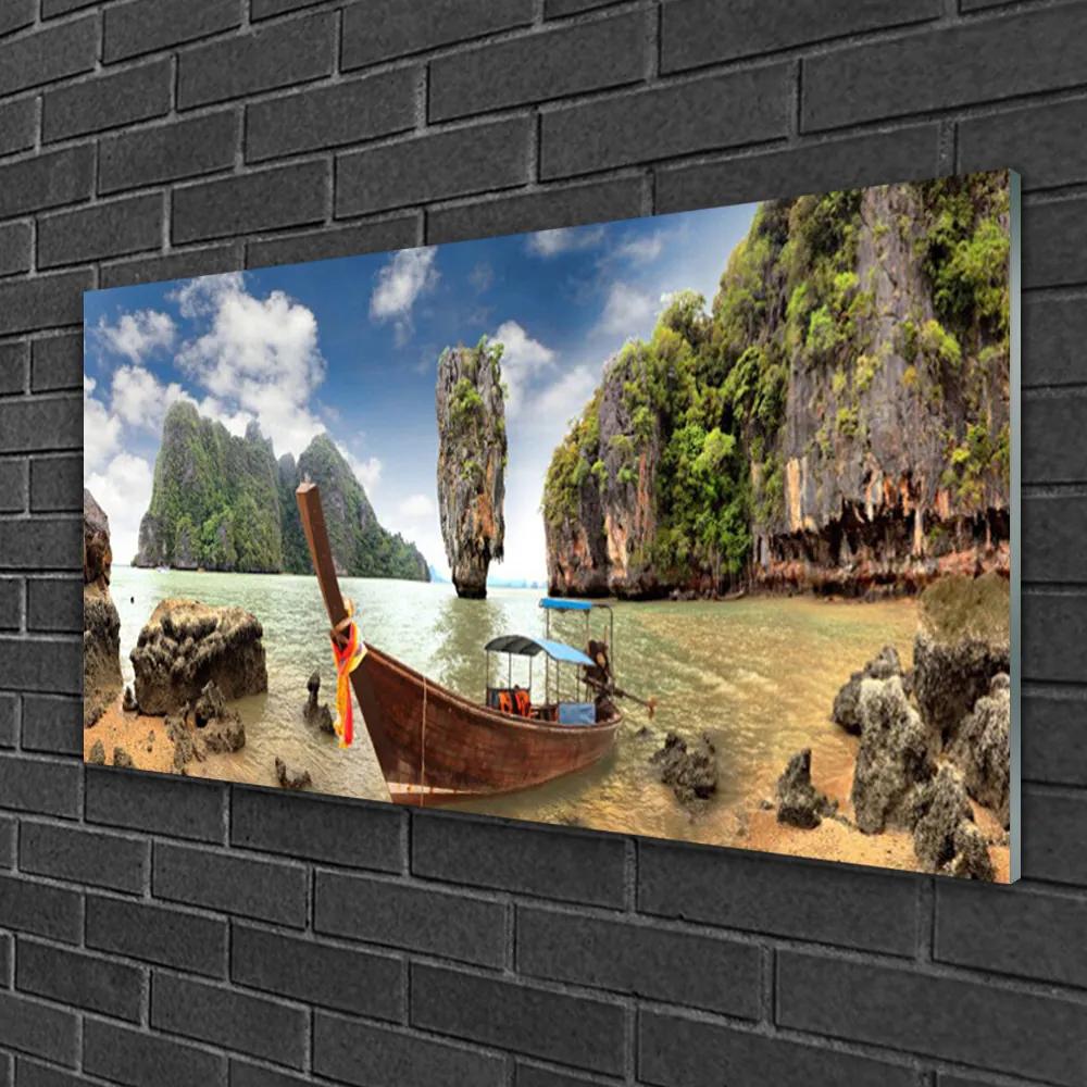 Obraz na skle Loďka kamene krajina 140x70 cm