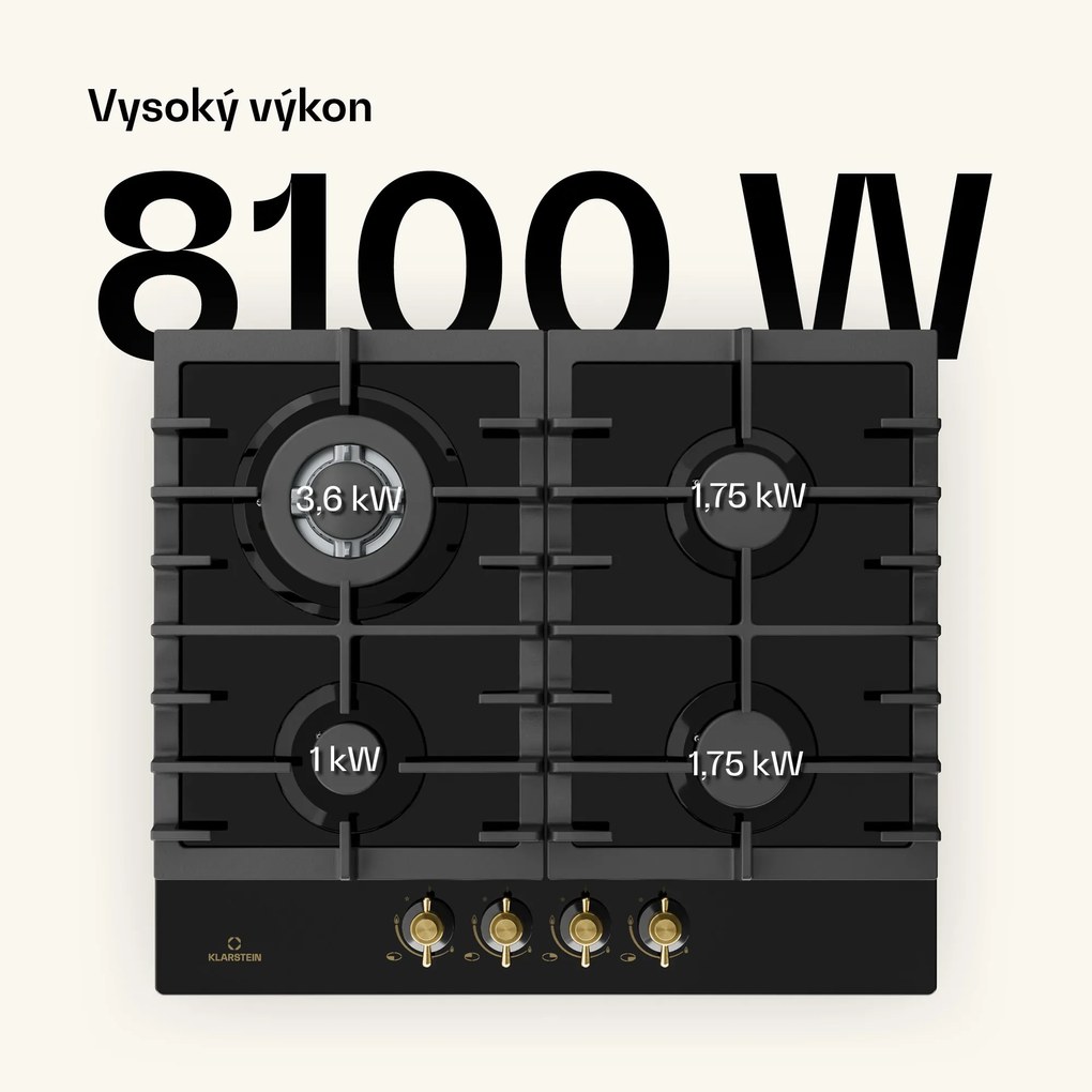 Klarstein Victoria 4, plynová varná doska, 4 horáky, sklokeramika, čierna