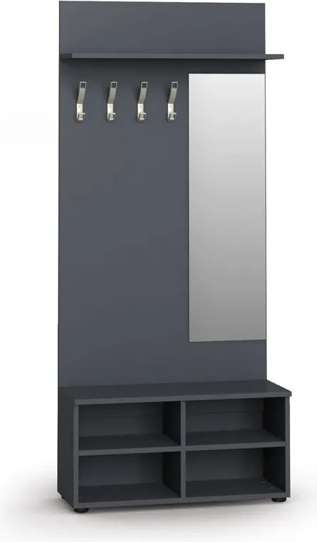 Vešiaková stena s botníkom a zrkadlom HORIZONT, 4 háčiky, polica, grafit