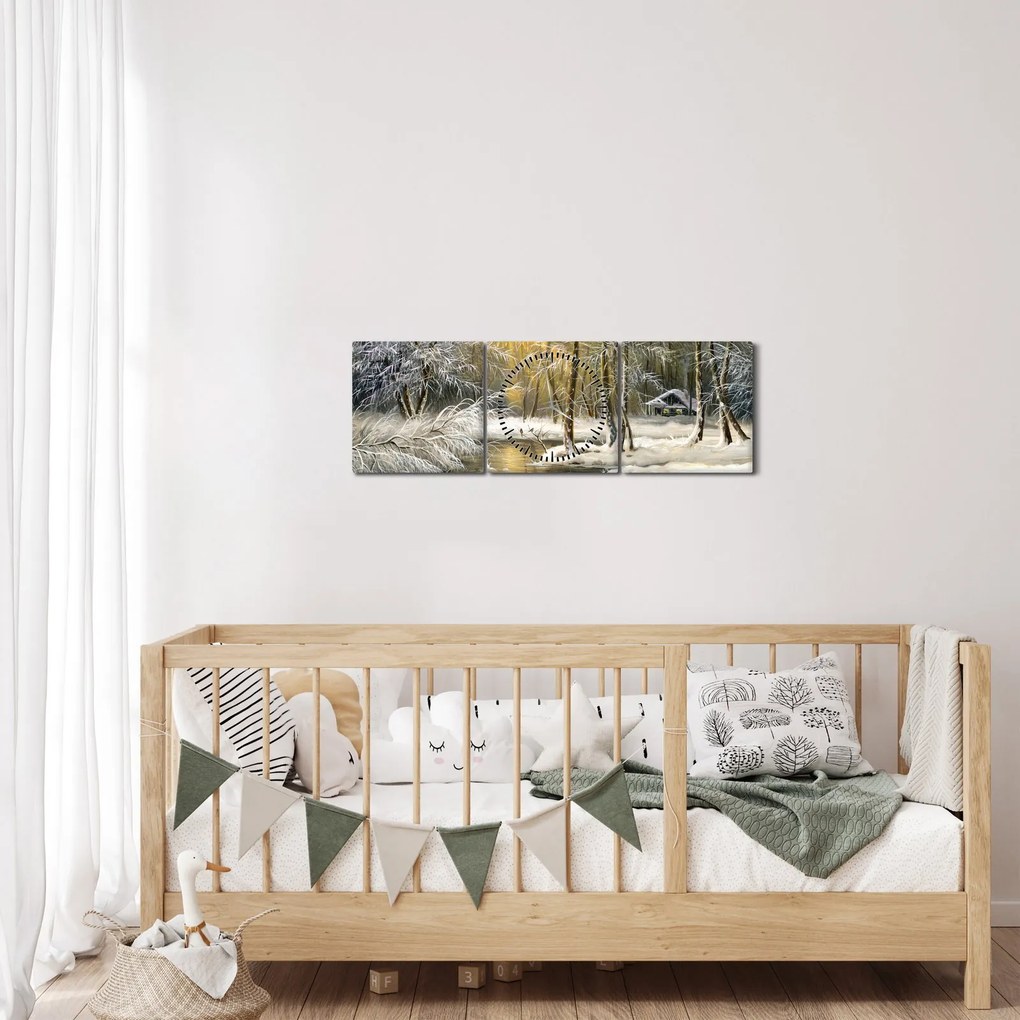 Obraz - Chalúpka v lese, olejomaľba (s hodinami) (90x30 cm)