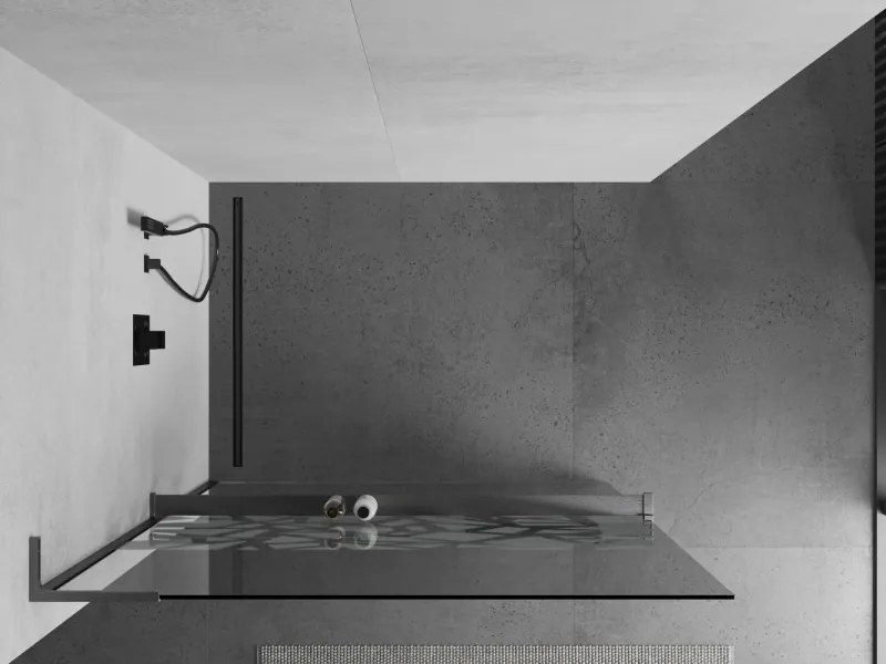 Mexen Kioto+ L, sprchová zástena Walk-In s poličkou a vešiakom 110 x 200 cm, 8mm číre sklo biely vzor, grafitový profil, 800-110-123-66-85