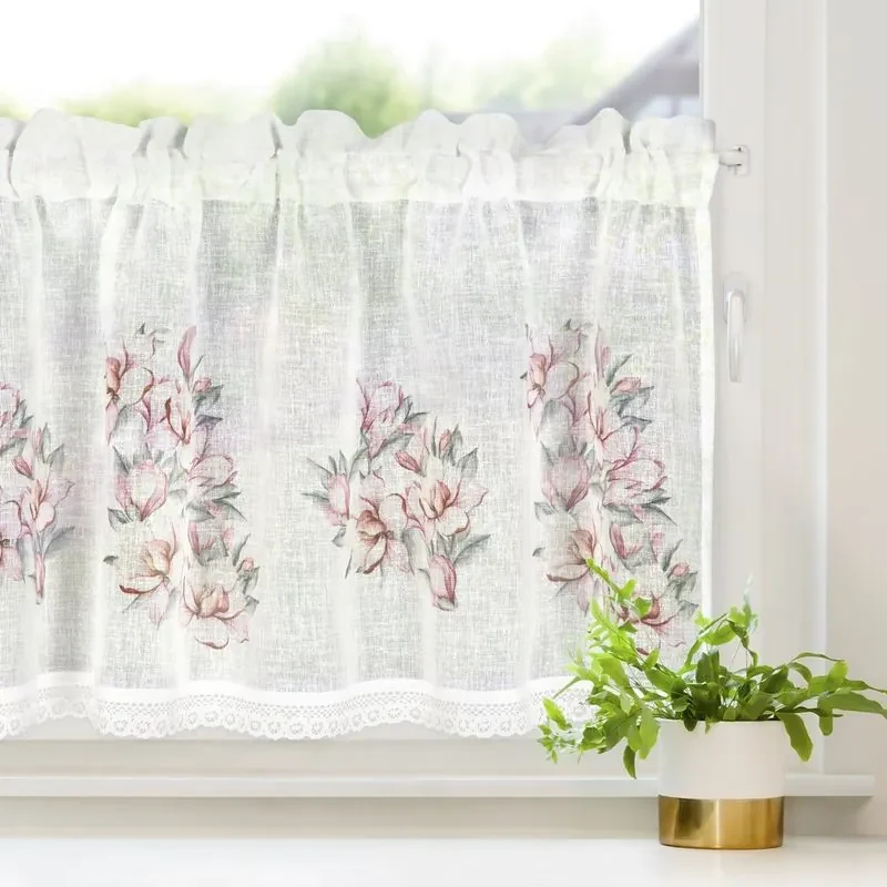 EUROFIRANY Záclona zdobená čipkou 150 cm x 60 cm ružová 100 % polyester