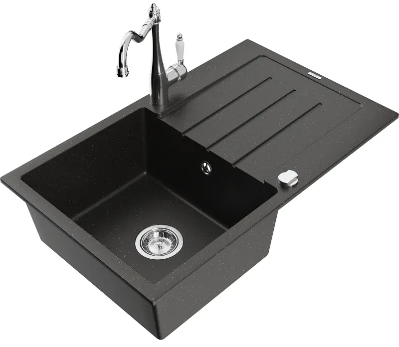 Mexen Bruno, granitový drez 795x495x200 mm, 1-komorový a drezová batéria Carla, čierna-zlatá metalíza, 6513-75-670700-00