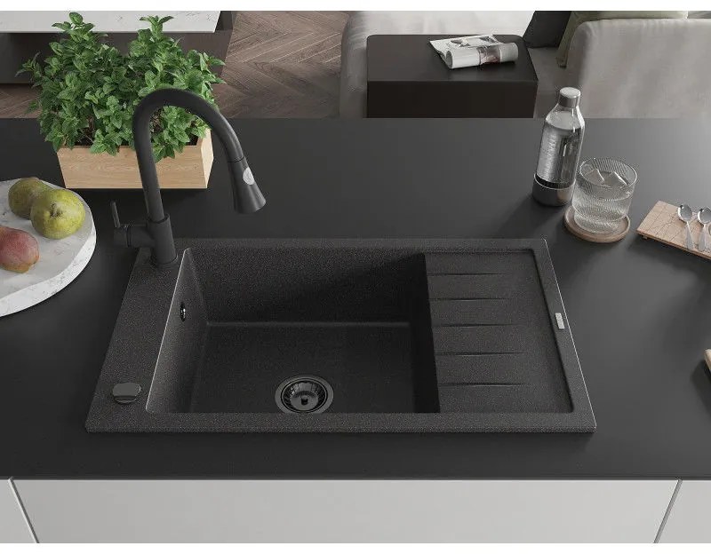 Mexen Elias, 1-komorový granitový drez 795x480x200 mm a drezová batéria Elia, čierna škvrnitá, 6511-76-670101-70-B